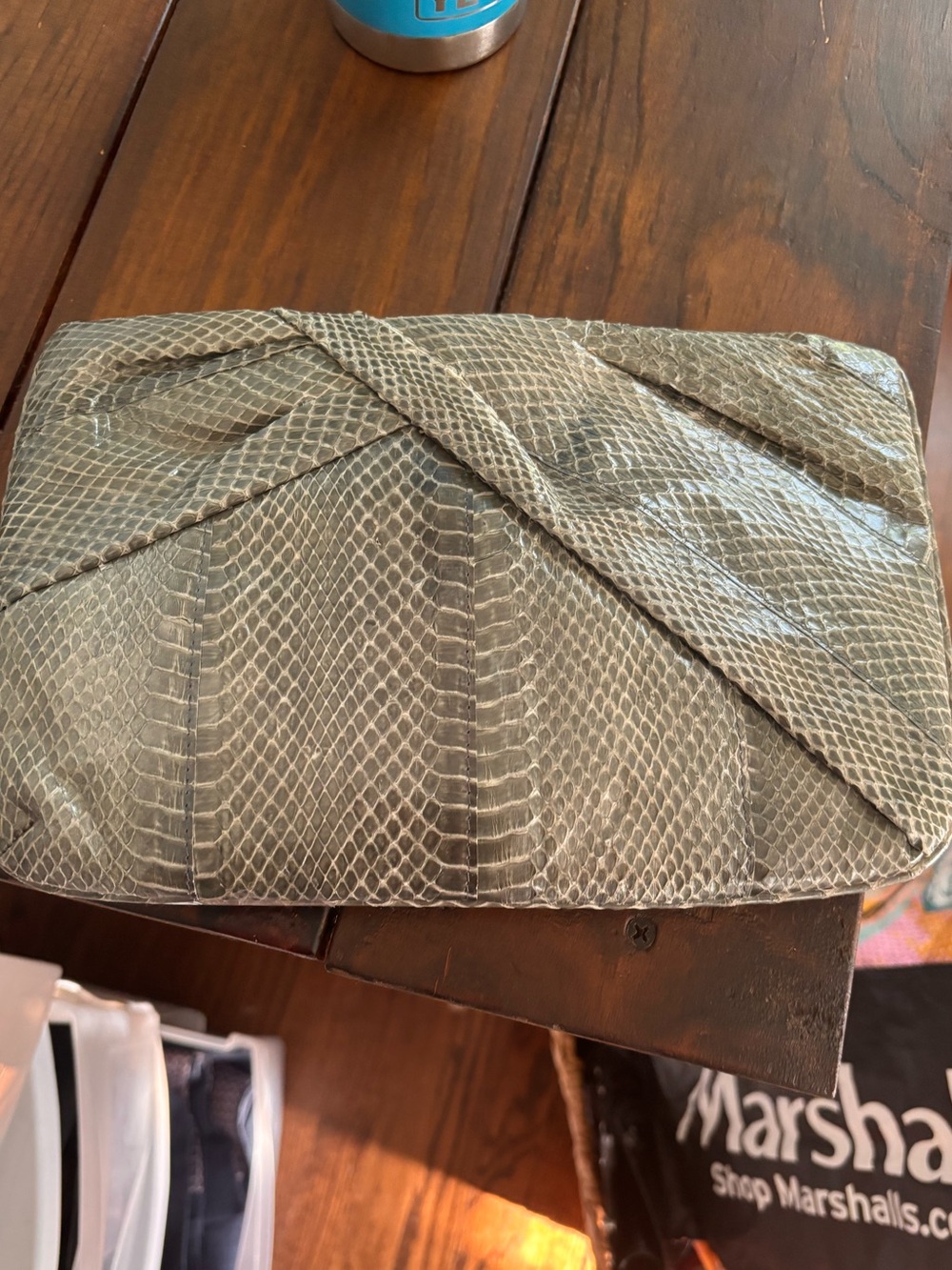 VTG 1980s Genuine Snakeskin Convertible Clutch Bag - Olive Green - Picture 3 of 12